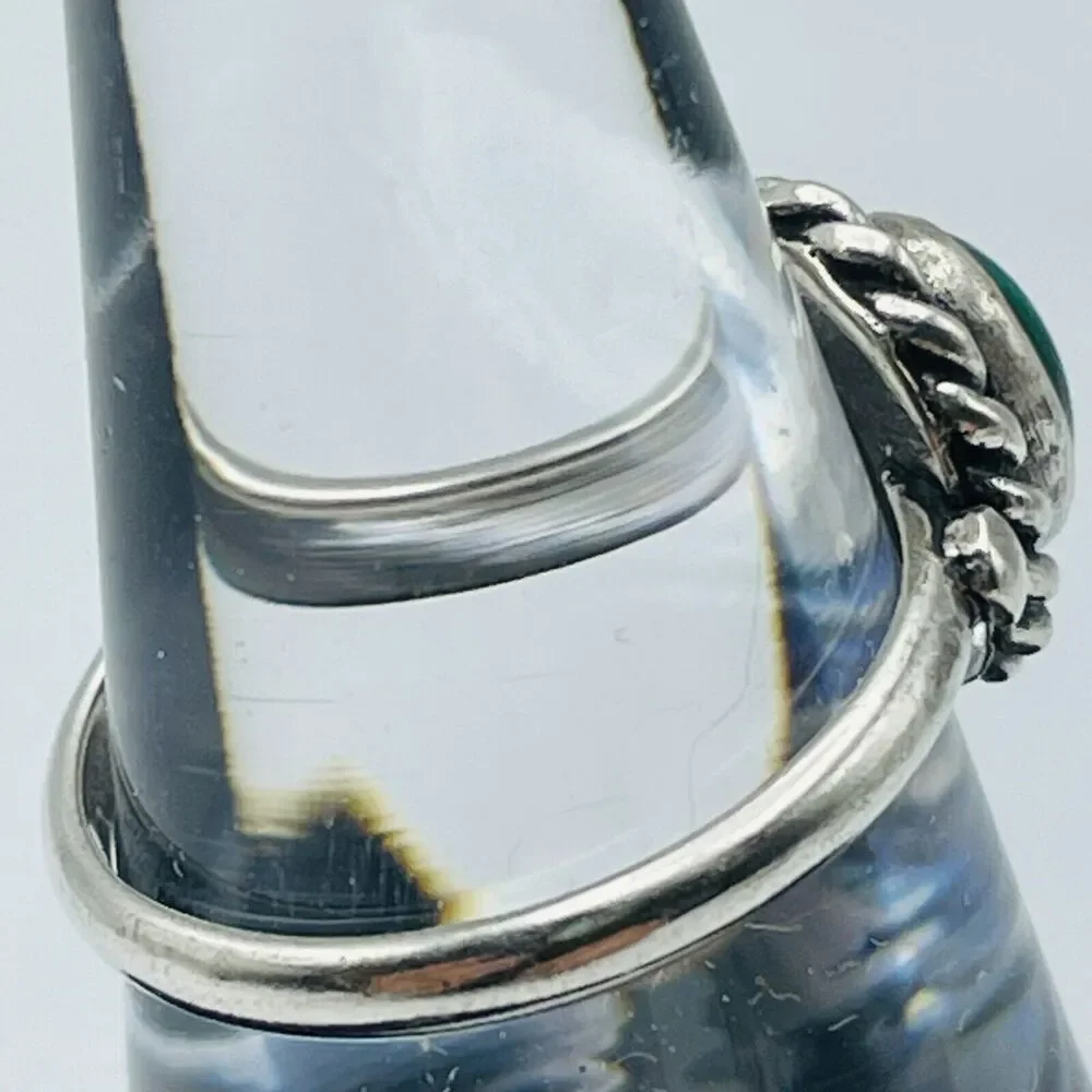 Sterling Silver Rope Bezel Ring FAS 925 US Size 6 Green Cabochon Malachite Look